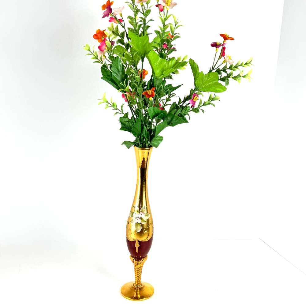 VTG Murano Venetian Ruby Glass & 24K Gold Paint 11” Hand Painted Floral Bud Vase - Picture 15 of 16